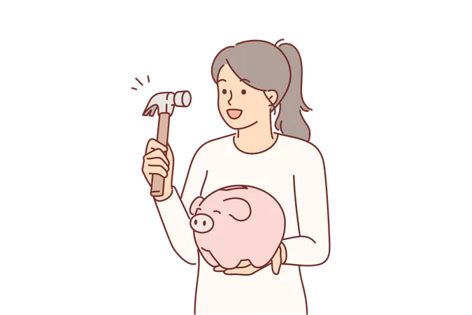 Woman Holds Hammer And Piggy Bank Wanting To Get Savings To Buy Phone Or Car Piggy Bank Is Metaphor For Thrift And Putting Money Into Retirement Account To Receive Dividends In Future Illustration