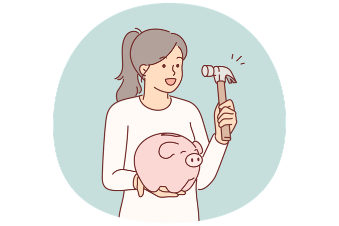 Woman holds hammer and piggy bank  Illustration