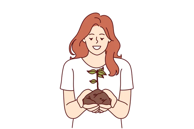 Woman Holds Handful Of Earth With Plant Drawing Attention To Problem Of Ecology And Pollution Or CO 2 Emissions Happy Girl Doing Plant Cultivation And Care For Environment Or Ecology As Volunteer Illustration
