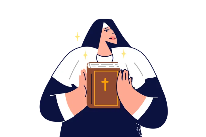 Woman Nun Holds Holy Bible In Hands And Demonstrates Book To Parishioners Urging Them To Learn Christian Prayers Nun In Cassock For Service In Catholic Church Offers To Take Part In Sunday Mass Illustration