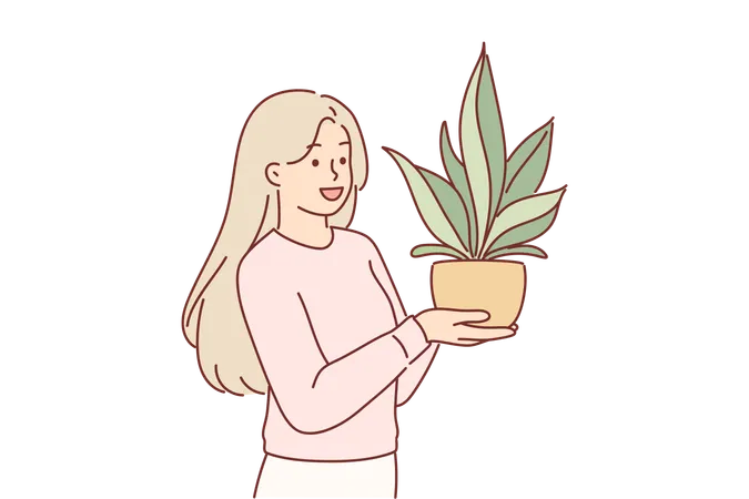 Woman holds houseplant in pot  イラスト
