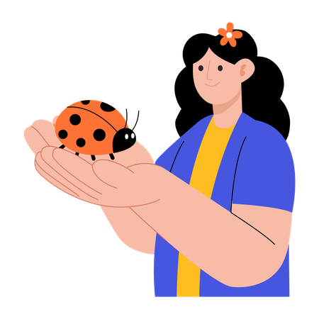 Woman holds lady bug in hands  Illustration