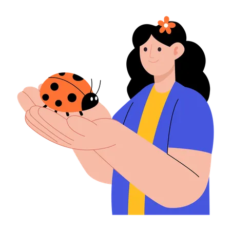 Woman holds lady bug in hands  Illustration