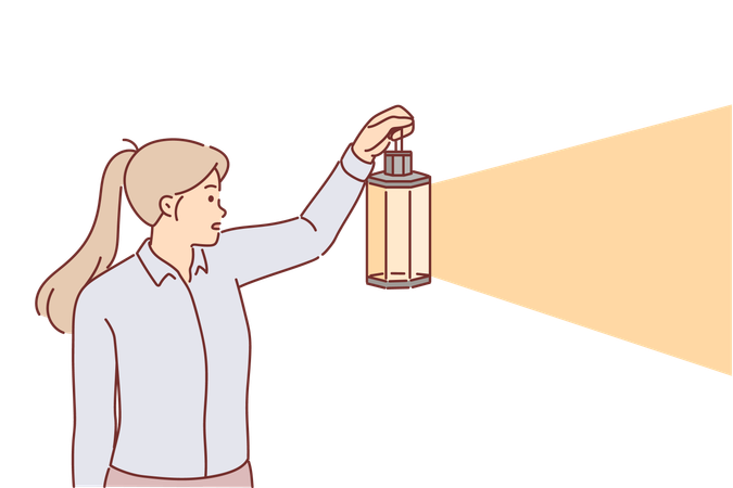 Woman holds lantern standing in dark  Illustration