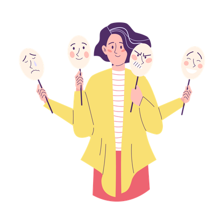 Woman holds masks with different emotions  Illustration