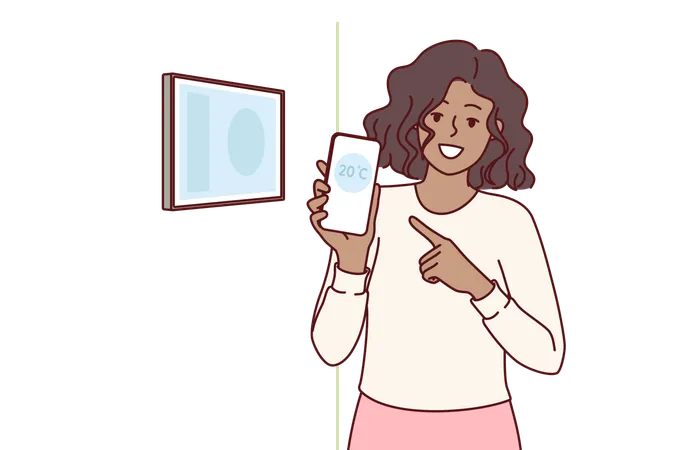 Woman Holds Phone With Thermometer Standing Near Control Panel For Smart Home And Boasts Of Having Iot System Girl Calls To Integrate Smart Home Technology For Temperature Management Via Smartphone Illustration
