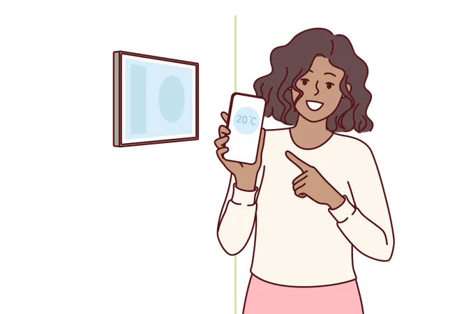 Woman holds mobile phone with remote control standing near control panel for smart home  Illustration