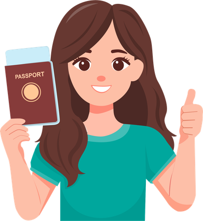 Woman holds  passport and makes  thumbs up gesture  Illustration