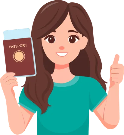 Woman holds  passport and makes  thumbs up gesture  Illustration