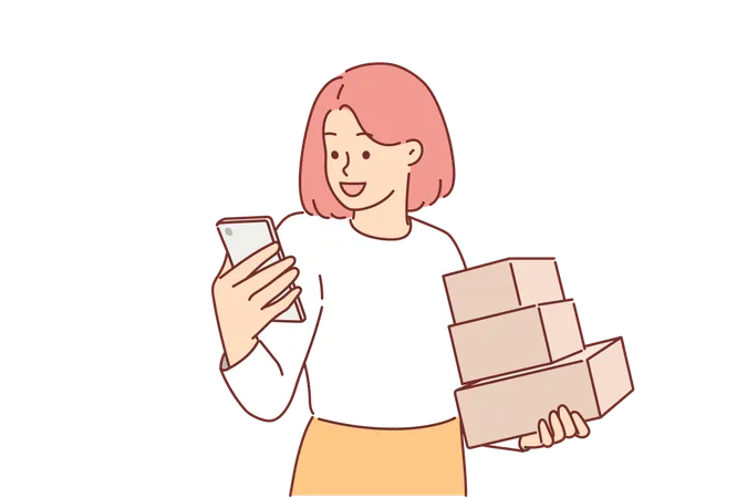 Woman Holds Phone And Cardboard Boxes Delivered By Courier From Online Store Or Post Office Girl Received Parcels With Clothes Or Perfumes Ordered In Mobile Application Of Online Store Illustration