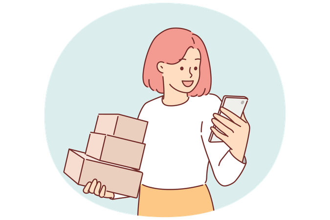 Woman holds phone and cardboard boxes delivered by courier from online store or post office  Illustration
