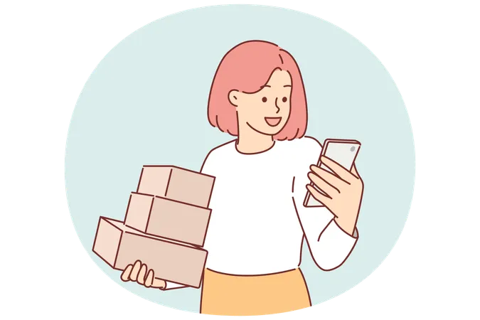 Woman holds phone and cardboard boxes delivered by courier from online store or post office  Illustration
