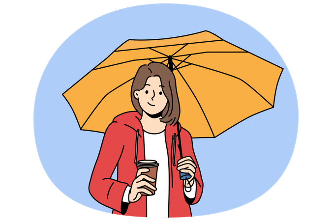 Woman holds plastic cup with coffee takeouts and umbrella protecting from rain during autumn walk  Illustration