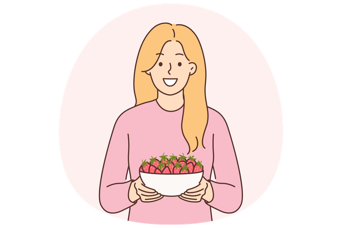 Woman holds plate of strawberries and smiles  Illustration
