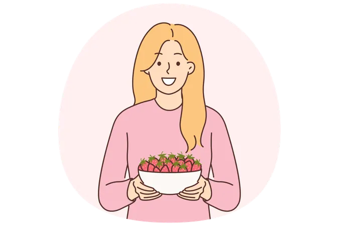 Woman holds plate of strawberries and smiles  Illustration