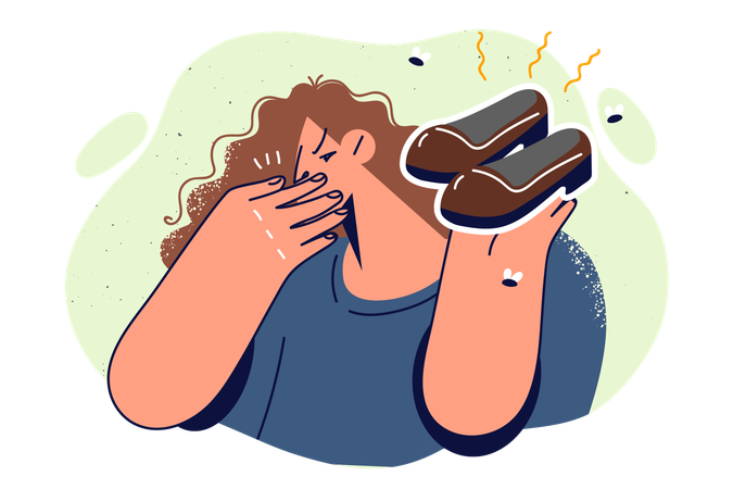 Woman holds smelly shoes and covers nose disgusted by smell caused by sweating or skin fungus  イラスト