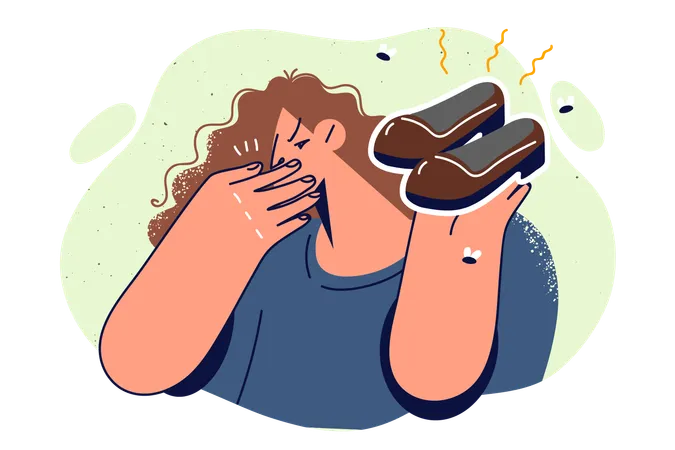 Woman Holds Smelly Shoes And Covers Nose Disgusted By Smell Caused By Sweating Or Skin Fungus Flies Fly Near Smelly Shoes To Advertise Sale Of Shoe Deodorant Spray That Eliminates Unpleasant Odors Illustration