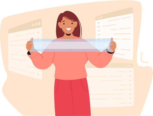 Woman Holds Transparent Bar With Search Options While Working  Illustration