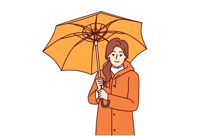 Woman With Umbrella Is Dressed In Oilcloth Coat So As Not To Get Wet From Rain On Autumn Walk Happy Girl Holding Umbrella And Looking At Screen Offering To Take Walk During Rainy Weather Illustration