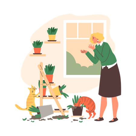 Woman horrified by mess cats have made  Illustration
