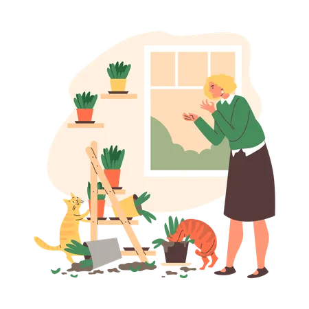 Woman horrified by mess cats have made  Illustration