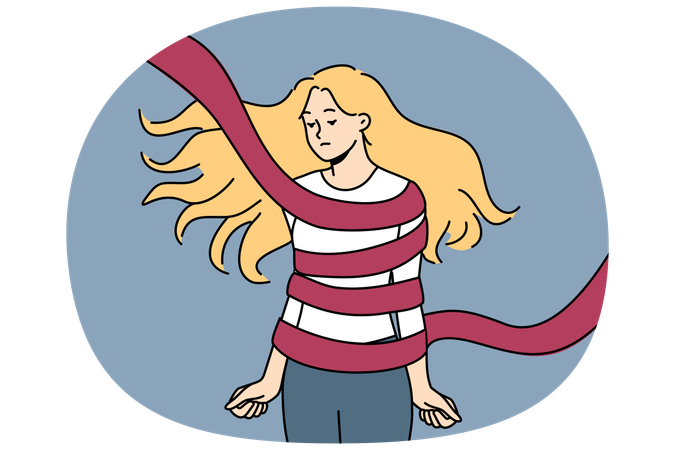 Woman hostage tied with rope sad and clenches fists and feeling helplessness and crippling apathy  Illustration