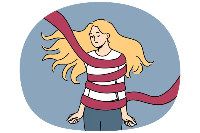 Woman hostage tied with rope sad and clenches fists and feeling helplessness and crippling apathy  Illustration