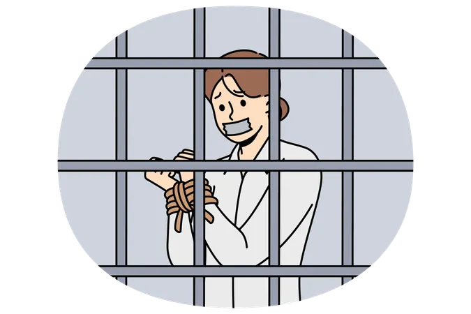 Woman hostage with hands tied standing inside prison cell  Illustration