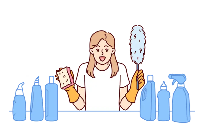 Woman housekeeper holds cleaning brush in hands  Illustration