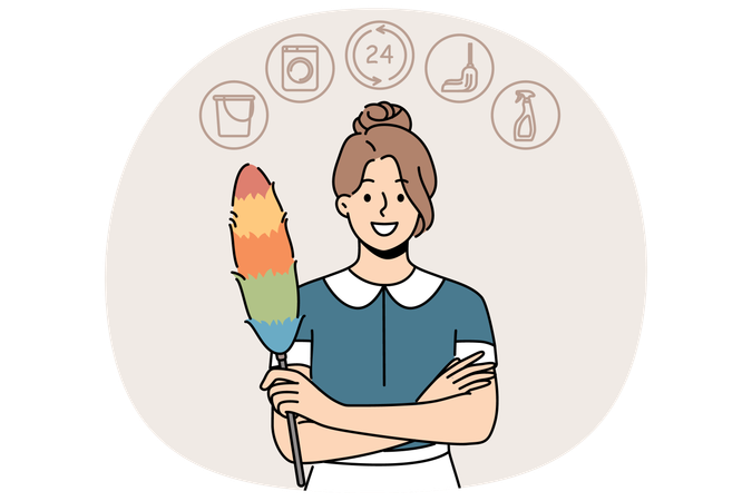 Woman housekeeper with dust brush smiles while recommending contacting cleaning company  Illustration