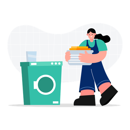 Woman housekeeping worker operating washing machine  Illustration