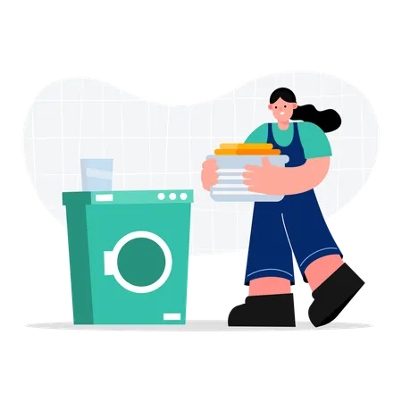 Woman housekeeping worker operating washing machine  Illustration