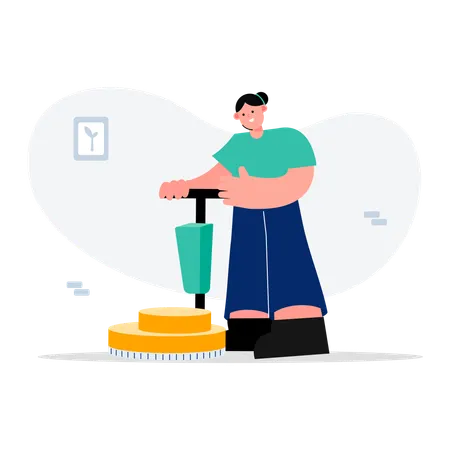 Woman housekeeping worker polishing floor  Illustration