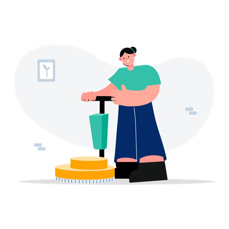 Woman housekeeping worker polishing floor  Illustration