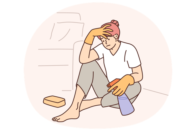 Woman housewife cleaning up trying to wipe stain from carpet and sits on floor with desperate look  Illustration