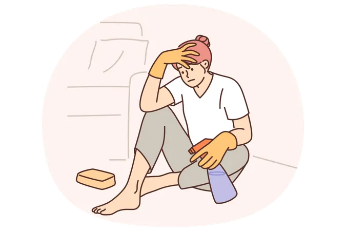 Woman housewife cleaning up trying to wipe stain from carpet and sits on floor with desperate look  Illustration