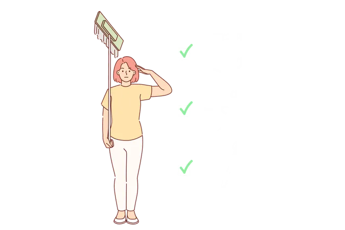 Woman Housewife Completed All Housework Stands In Soldier Pose With Mop In Hands Checkbox Of Washing Machine And Vacuum Cleaner Or Ironing Board For Concept Task Plan For Doing Housework Illustration