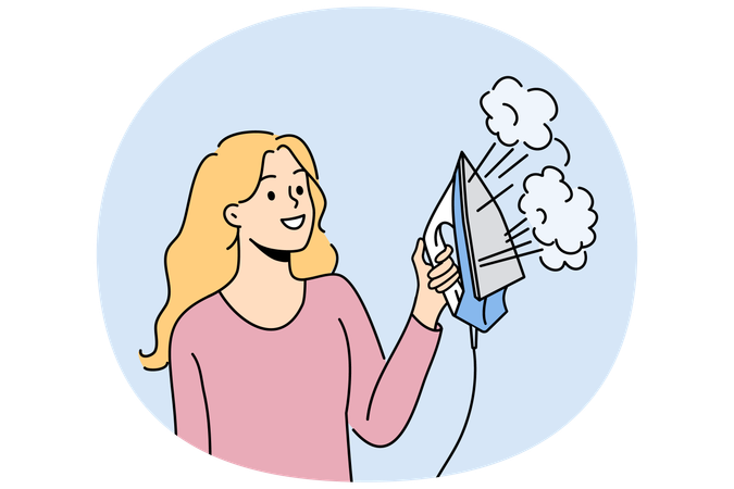 Woman housewife holds iron with steam function and smiles enjoying doing housework  Illustration