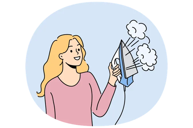 Woman housewife holds iron with steam function and smiles enjoying doing housework  Illustration