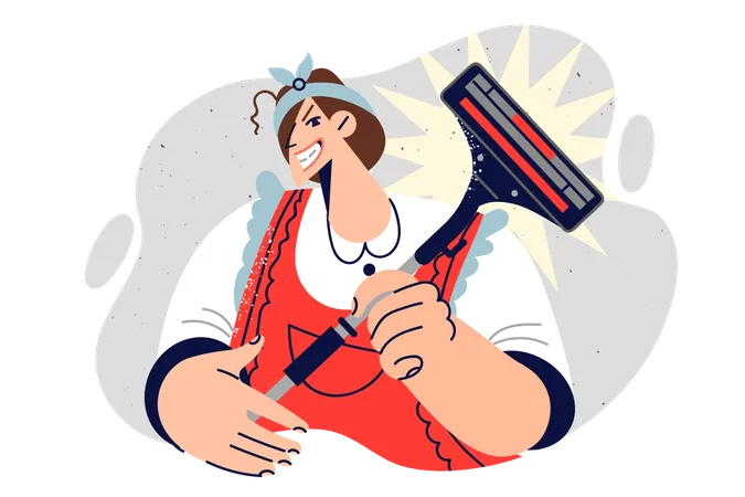 Woman Housewife Holds Vacuum Cleaner And Smiles Slyly Looking At Screen Dressed In Apron For Housework Girl Maid Uses Vacuum Cleaner To Clean Dust In Apartment And Take Care Of Cleanliness Of Rooms Illustration