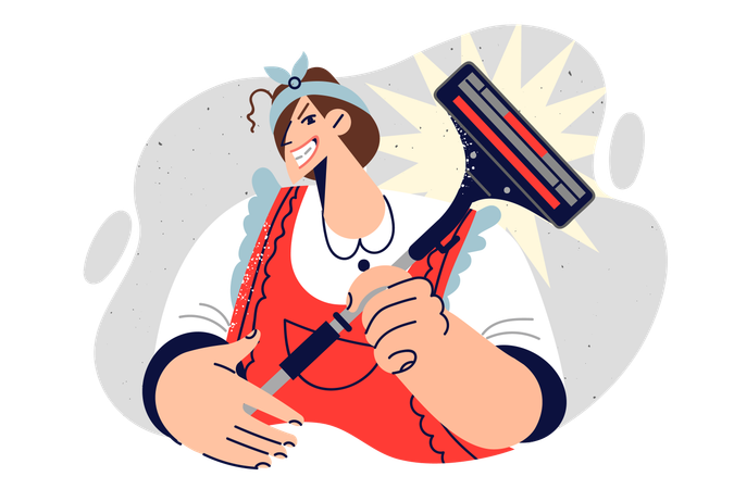 Woman housewife holds vacuum cleaner  Illustration