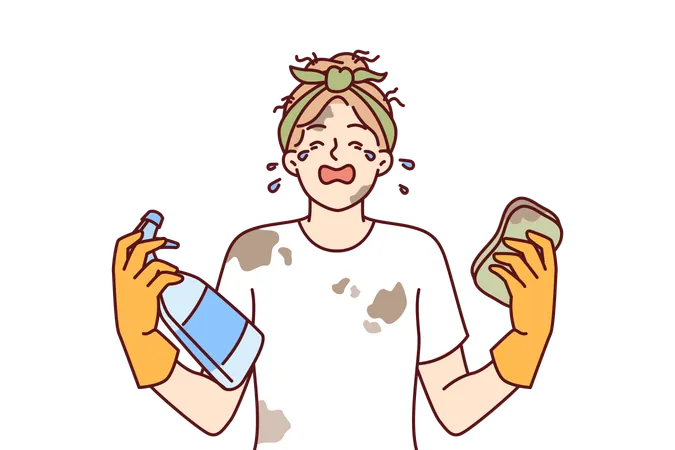 Woman Housewife In Dirty Clothes Is Crying Because Of Large Amount Housework And Lack Of Rest Girl Housewife With Tears In Eyes Holds Sponge And Spray Bottle For Cleaning In Apartment Illustration