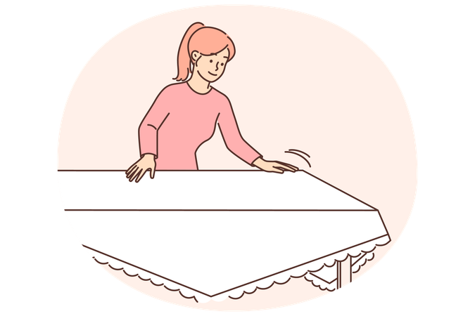 Woman housewife sets table with white tablecloth preparing for festive dinner or lunch with family  Illustration