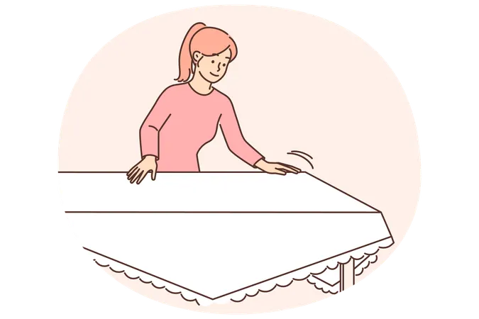 Woman housewife sets table with white tablecloth preparing for festive dinner or lunch with family  Illustration