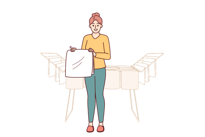Woman housewife stands near dryer with clean towels  Illustration