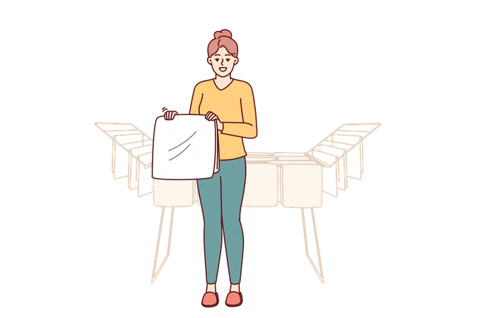 Woman housewife stands near dryer with clean towels doing household chores to create comfort  イラスト