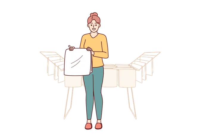 Woman housewife stands near dryer with clean towels doing household chores to create comfort  Illustration