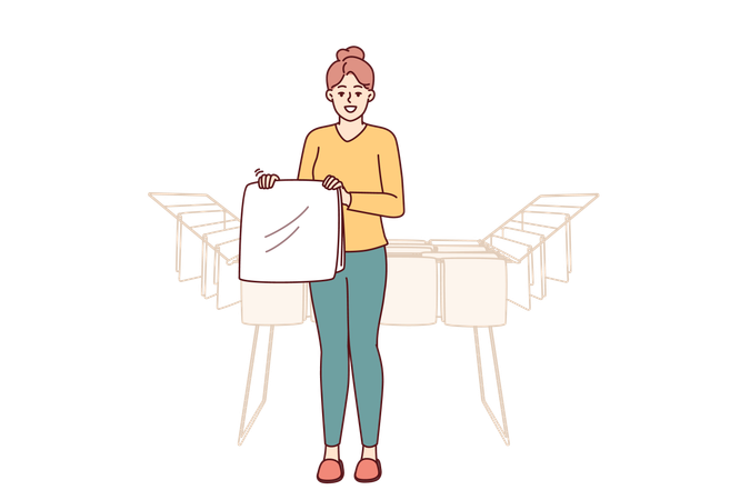 Woman housewife stands near dryer with clean towels  일러스트레이션