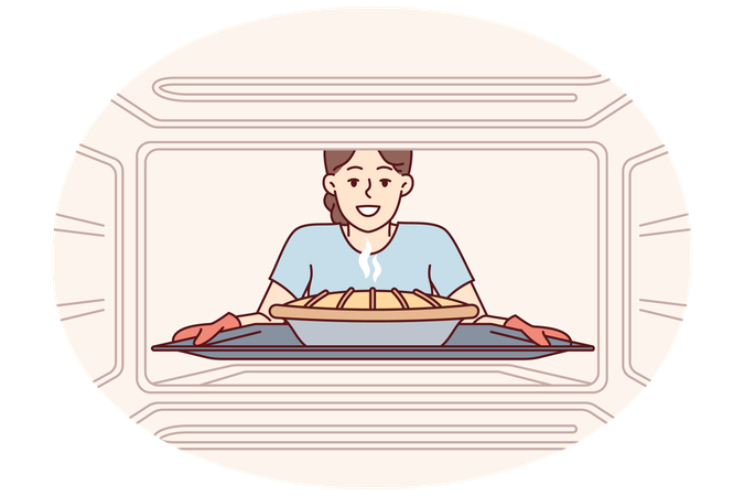 Woman housewife takes ready-made pie out of oven to please family with delicious treat  Illustration