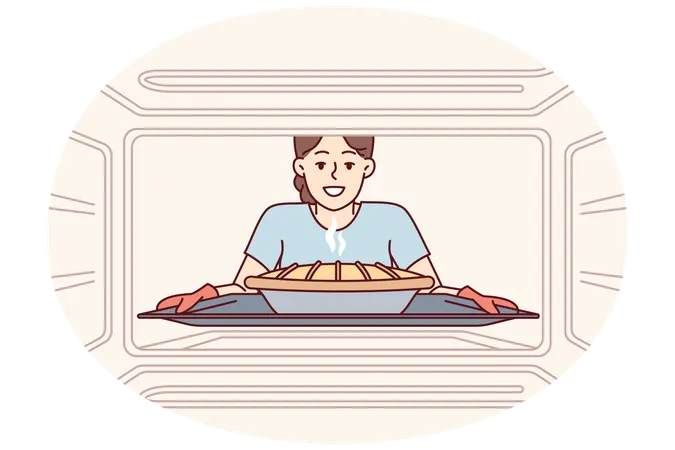 Woman housewife takes ready-made pie out of oven to please family with delicious treat  Illustration